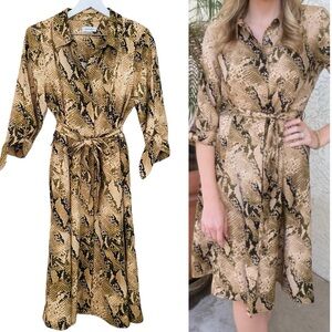 Calvin Klein NEW Snakeskin Animal Print 3/4 Sleeve Belted Midi Dress Size 8